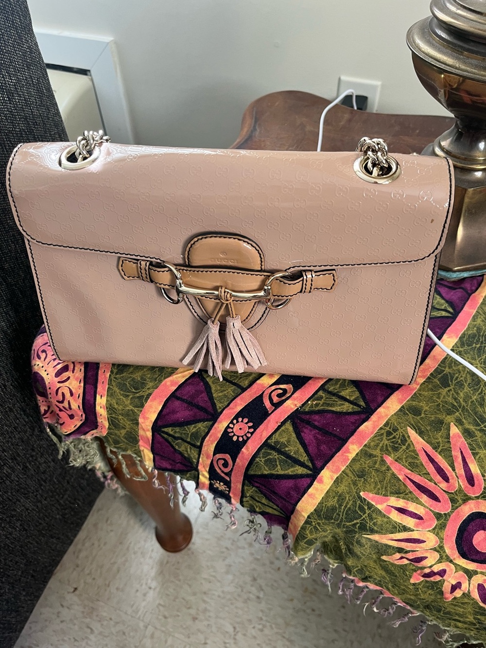 Gucci Blush Patent Leather Shoulder Bag with Tassel and Chain